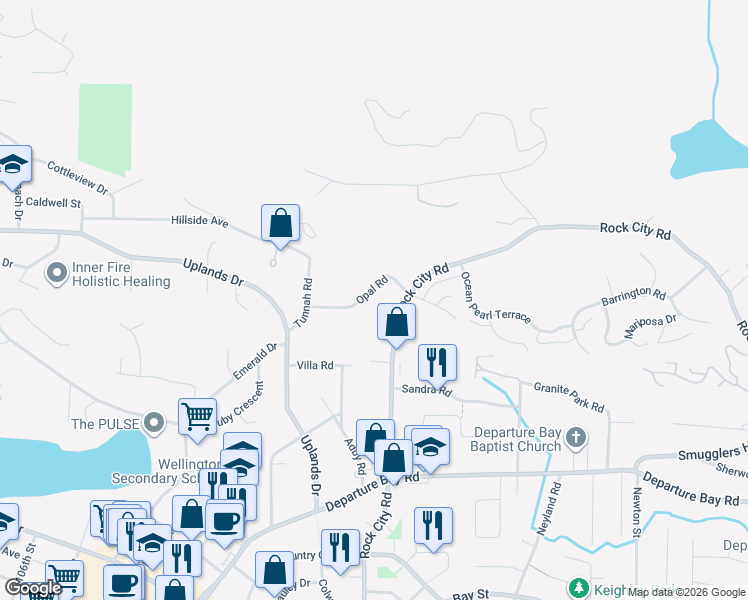 map of restaurants, bars, coffee shops, grocery stores, and more near 3361 Opal Road in Nanaimo