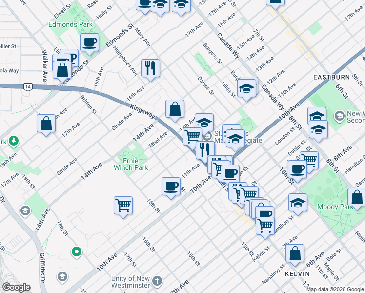 map of restaurants, bars, coffee shops, grocery stores, and more near 7777 Kingsway in Burnaby