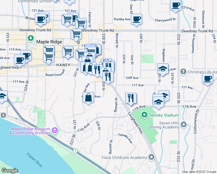 map of restaurants, bars, coffee shops, grocery stores, and more near 22855a Lougheed Highway in Maple Ridge