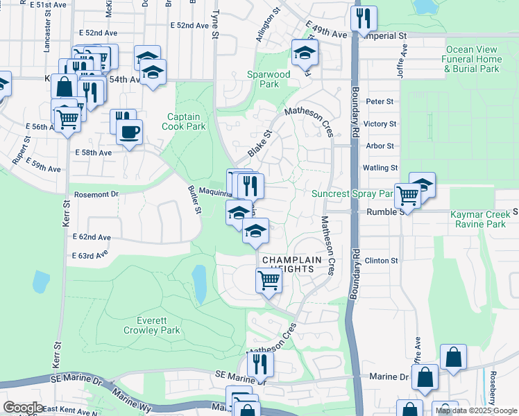 map of restaurants, bars, coffee shops, grocery stores, and more near 3414 Langford Avenue in Vancouver