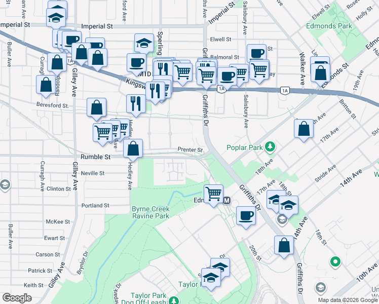 map of restaurants, bars, coffee shops, grocery stores, and more near 6790 Rumble Street in Burnaby