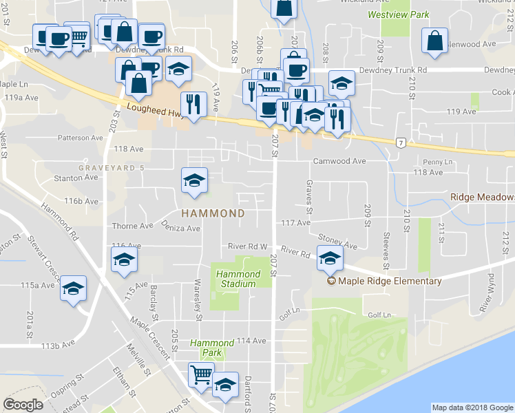 map of restaurants, bars, coffee shops, grocery stores, and more near 20681 206B Street in Maple Ridge