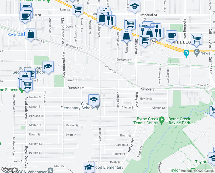map of restaurants, bars, coffee shops, grocery stores, and more near 5989 Rumble Street in Burnaby