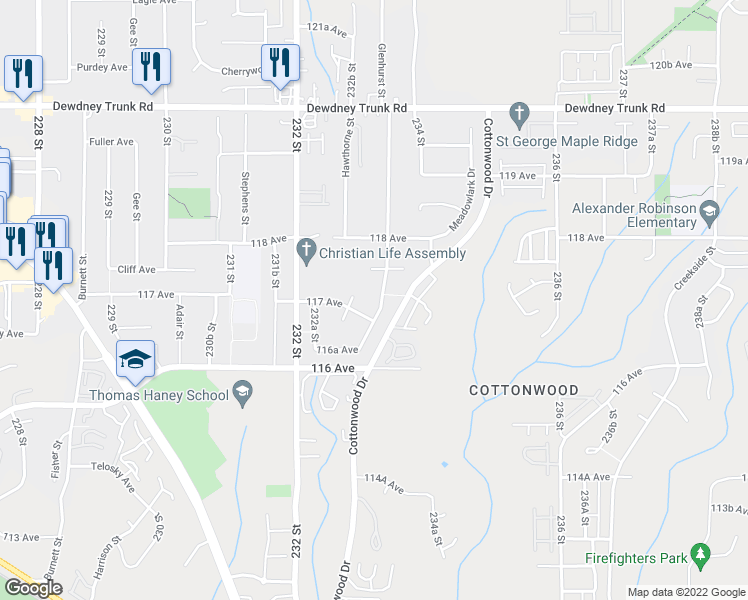 map of restaurants, bars, coffee shops, grocery stores, and more near 11719 Glenhurst Street in Maple Ridge