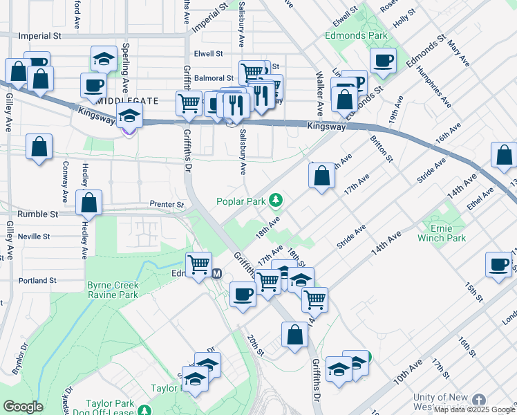 map of restaurants, bars, coffee shops, grocery stores, and more near 7328 18th Street in Burnaby