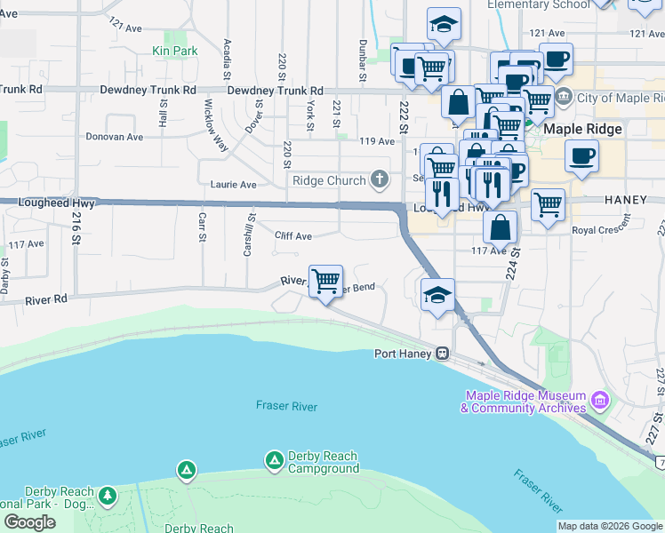 map of restaurants, bars, coffee shops, grocery stores, and more near 11729 Lighthouse Court in Maple Ridge