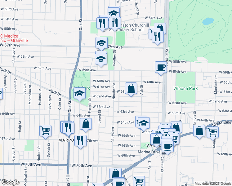 map of restaurants, bars, coffee shops, grocery stores, and more near 7708 Heather Street in Vancouver