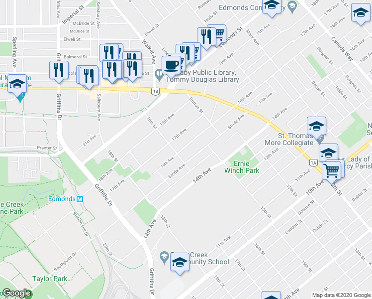 map of restaurants, bars, coffee shops, grocery stores, and more near 7222 16th Avenue in Burnaby
