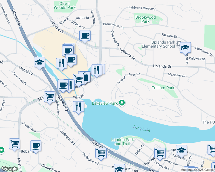 map of restaurants, bars, coffee shops, grocery stores, and more near 4800 Cedar Ridge Place in Nanaimo