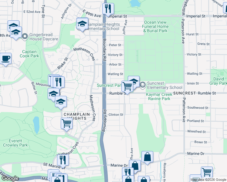 map of restaurants, bars, coffee shops, grocery stores, and more near 3739 Rumble Street in Burnaby