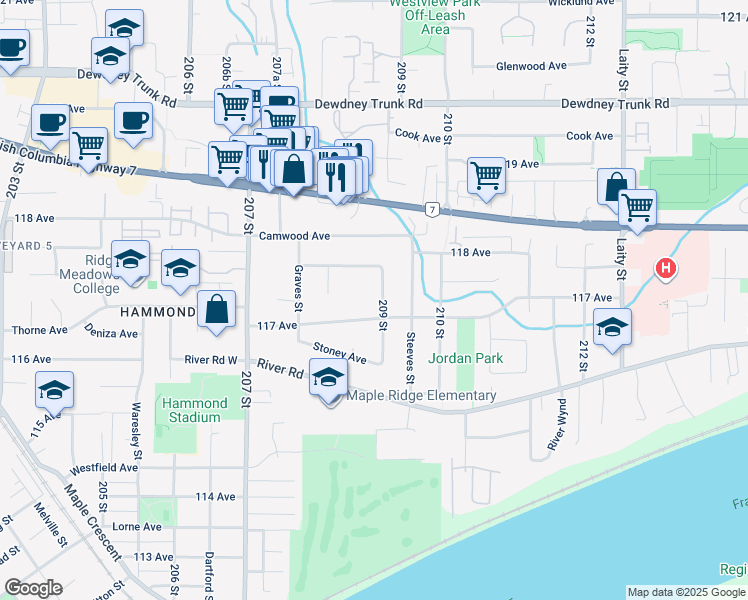 map of restaurants, bars, coffee shops, grocery stores, and more near 11717 209 Street in Maple Ridge