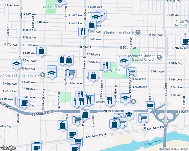 map of restaurants, bars, coffee shops, grocery stores, and more near 753 East 61st Avenue in Vancouver