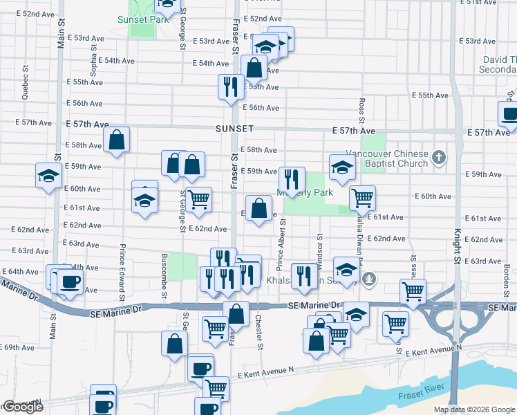 map of restaurants, bars, coffee shops, grocery stores, and more near 741 East 61st Avenue in Vancouver