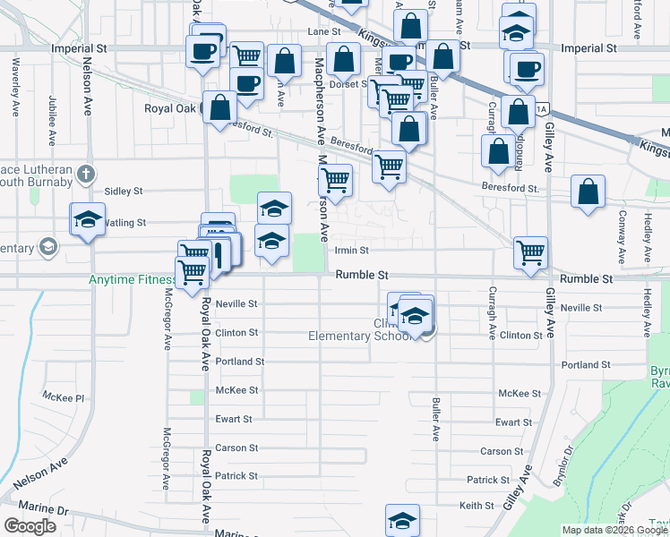 map of restaurants, bars, coffee shops, grocery stores, and more near 5641 Rumble Street in Burnaby