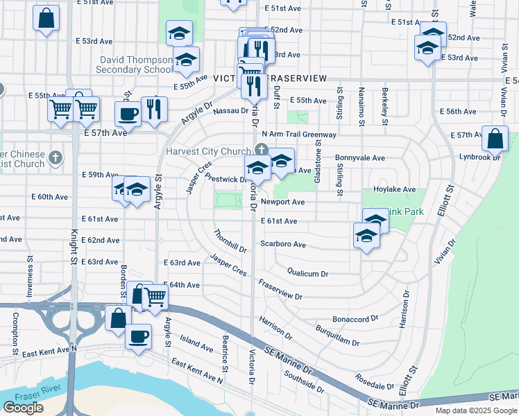 map of restaurants, bars, coffee shops, grocery stores, and more near 7630 Victoria Drive in Vancouver