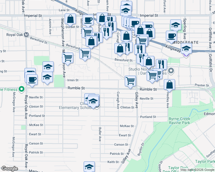 map of restaurants, bars, coffee shops, grocery stores, and more near 6011 Rumble Street in Burnaby