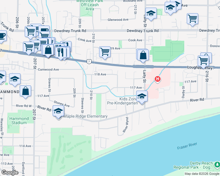 map of restaurants, bars, coffee shops, grocery stores, and more near 21109 117 Avenue in Maple Ridge
