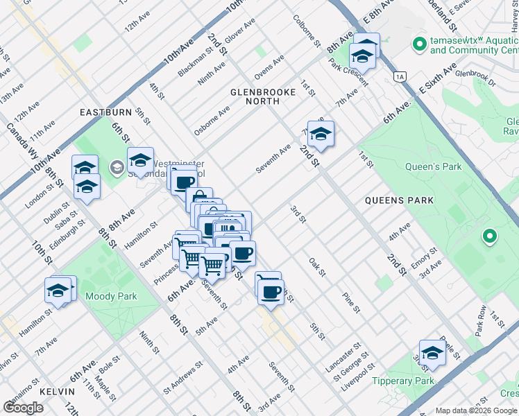 map of restaurants, bars, coffee shops, grocery stores, and more near 609 4th Street in New Westminster