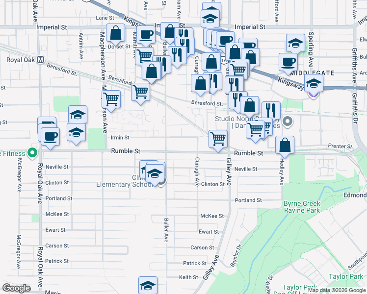 map of restaurants, bars, coffee shops, grocery stores, and more near 6011 Rumble Street in Burnaby