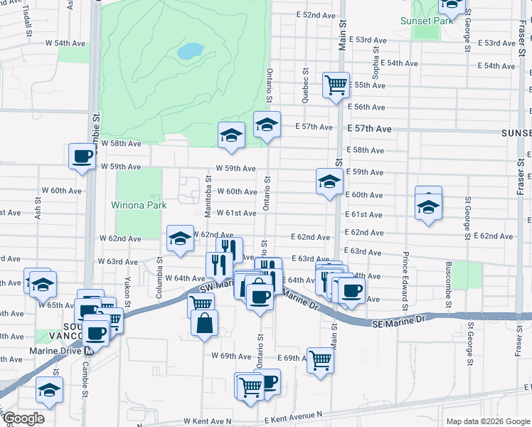 map of restaurants, bars, coffee shops, grocery stores, and more near E 61st Ave & W 61st Ave in Vancouver