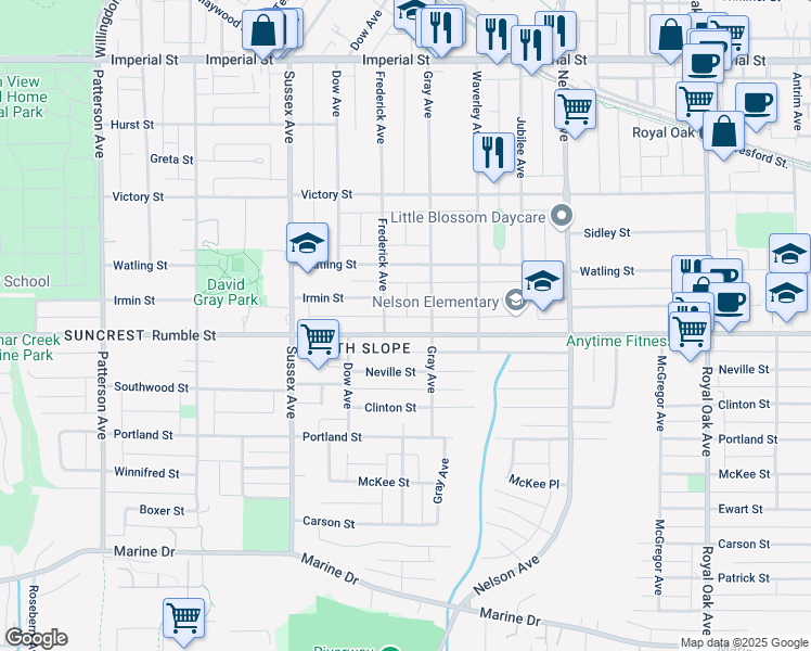 map of restaurants, bars, coffee shops, grocery stores, and more near 4565 Rumble Street in Burnaby