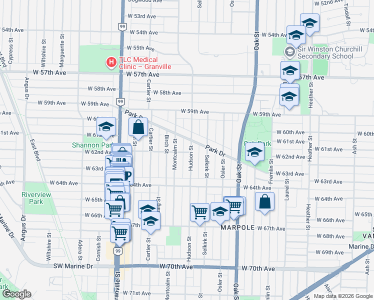 map of restaurants, bars, coffee shops, grocery stores, and more near 7789 Hudson Street in Vancouver