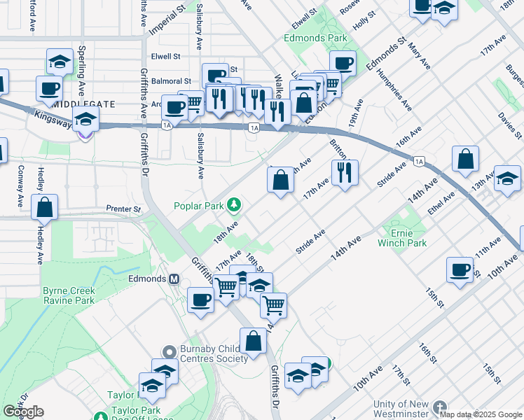 map of restaurants, bars, coffee shops, grocery stores, and more near 7152 18th Avenue in Burnaby