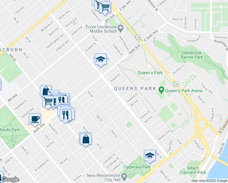 map of restaurants, bars, coffee shops, grocery stores, and more near 205 5th Avenue in New Westminster