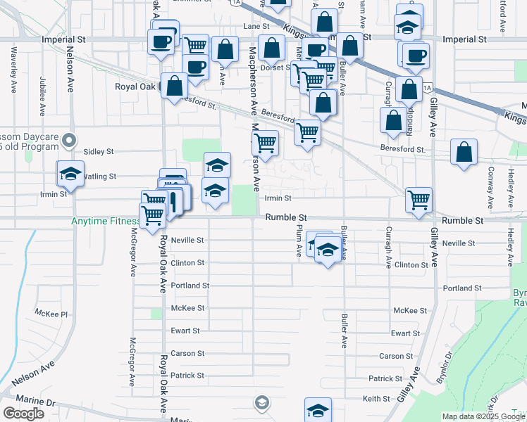 map of restaurants, bars, coffee shops, grocery stores, and more near 7584 Macpherson Avenue in Burnaby