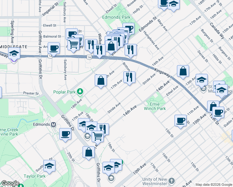 map of restaurants, bars, coffee shops, grocery stores, and more near in Burnaby
