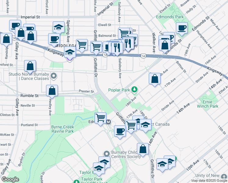 map of restaurants, bars, coffee shops, grocery stores, and more near in Burnaby
