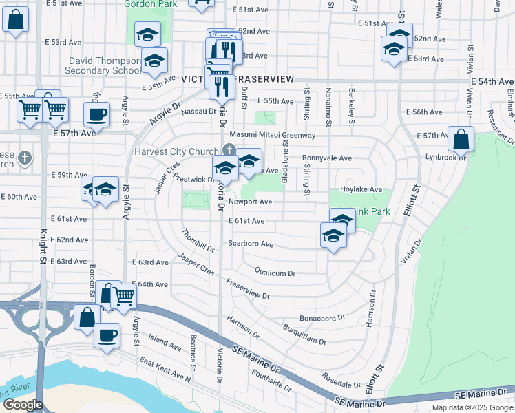 map of restaurants, bars, coffee shops, grocery stores, and more near in Vancouver