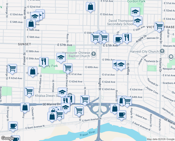 map of restaurants, bars, coffee shops, grocery stores, and more near in Vancouver