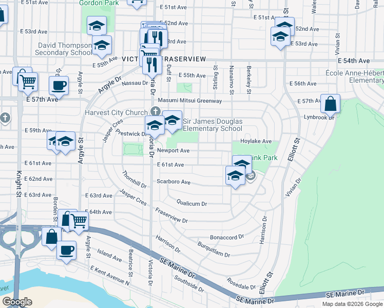 map of restaurants, bars, coffee shops, grocery stores, and more near 2178 Newport Avenue in Vancouver