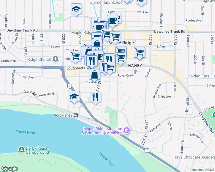 map of restaurants, bars, coffee shops, grocery stores, and more near in Maple Ridge