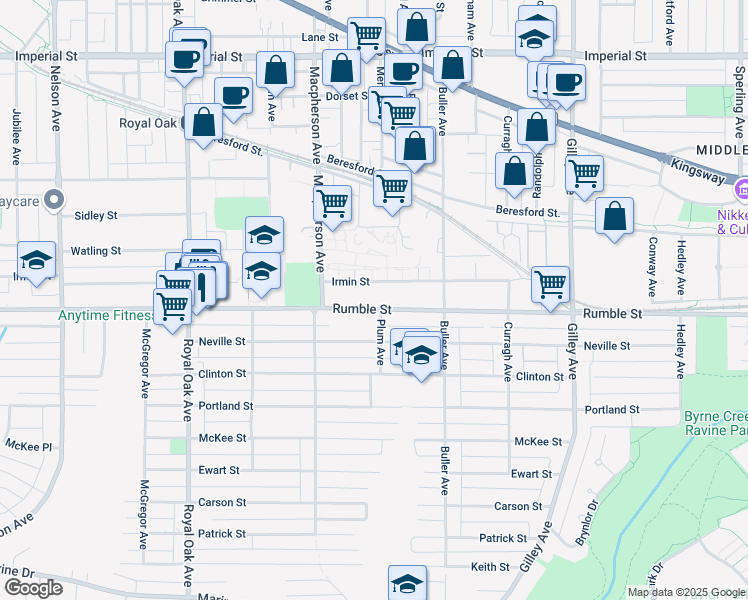 map of restaurants, bars, coffee shops, grocery stores, and more near 5725 Rumble Street in Burnaby