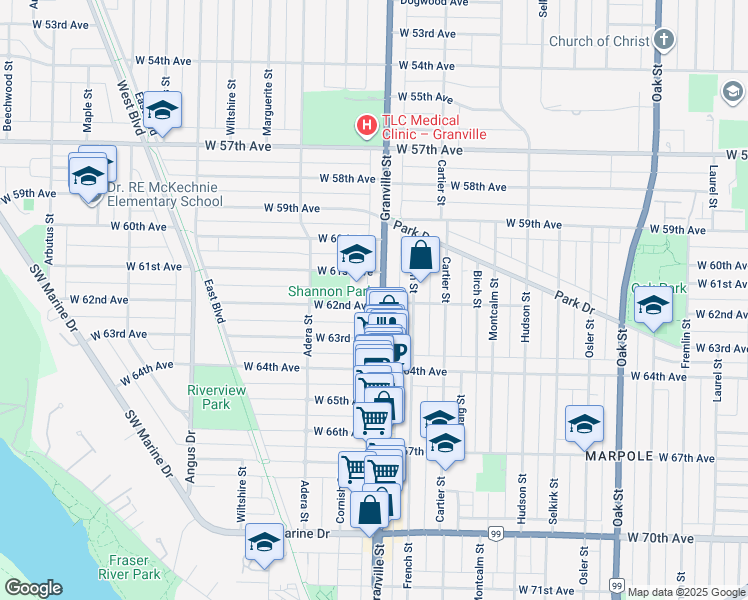 map of restaurants, bars, coffee shops, grocery stores, and more near 1505 West 62nd Avenue in Vancouver