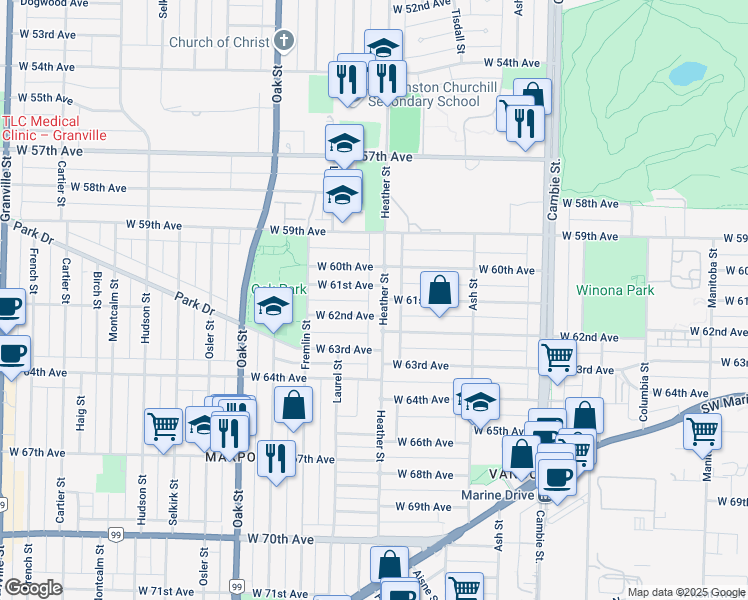 map of restaurants, bars, coffee shops, grocery stores, and more near 7737 Heather Street in Vancouver