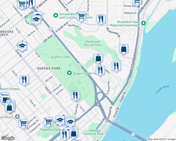 map of restaurants, bars, coffee shops, grocery stores, and more near 33 Memorial Drive in New Westminster