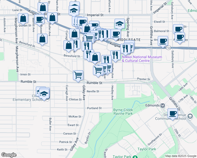 map of restaurants, bars, coffee shops, grocery stores, and more near 7541 Conway Avenue in Burnaby