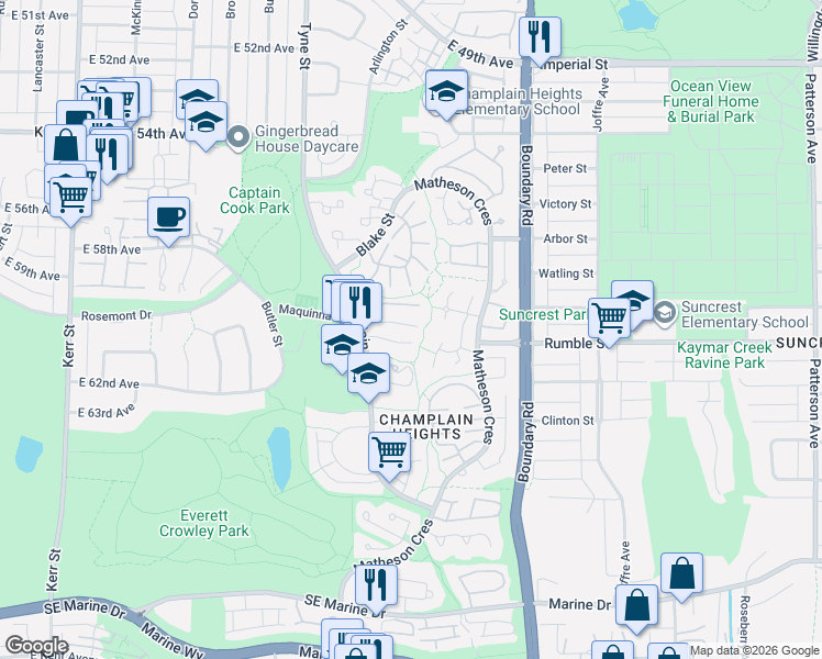 map of restaurants, bars, coffee shops, grocery stores, and more near 3458 Copeland Avenue in Vancouver