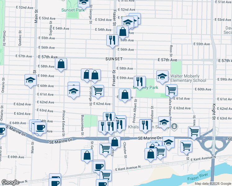 map of restaurants, bars, coffee shops, grocery stores, and more near 7654 Fraser Street in Vancouver