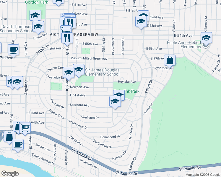 map of restaurants, bars, coffee shops, grocery stores, and more near 2288 Newport Avenue in Vancouver