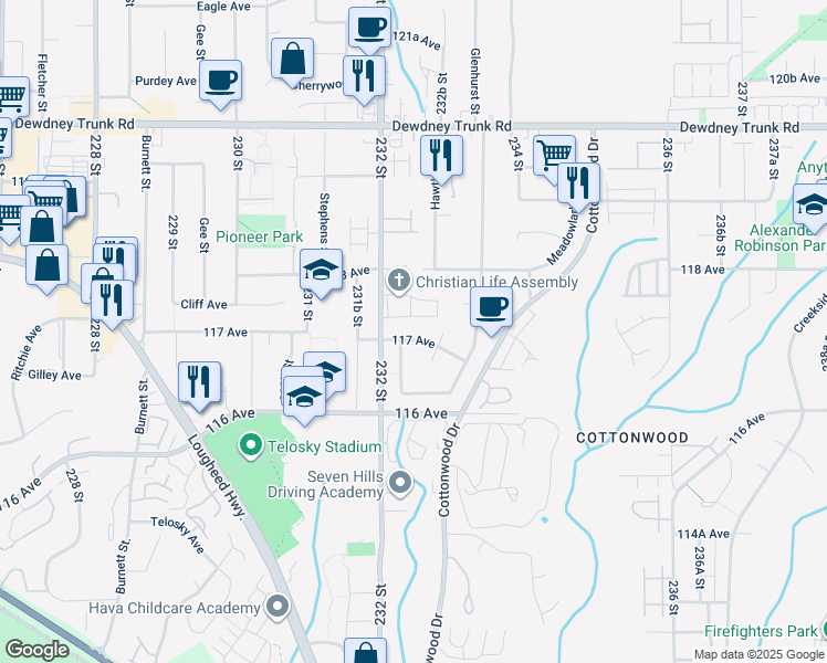 map of restaurants, bars, coffee shops, grocery stores, and more near 23235 117 Avenue in Maple Ridge