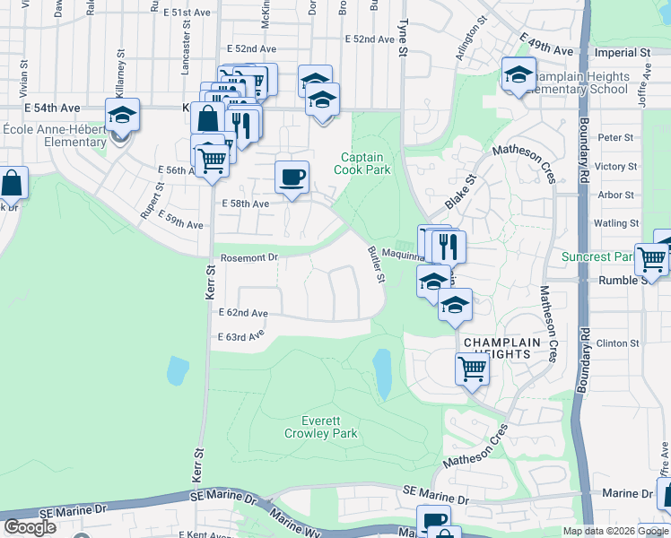map of restaurants, bars, coffee shops, grocery stores, and more near 3350 Rosemont Drive in Vancouver