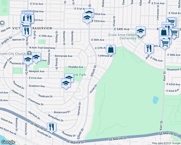 map of restaurants, bars, coffee shops, grocery stores, and more near 7621 Elliott Street in Vancouver