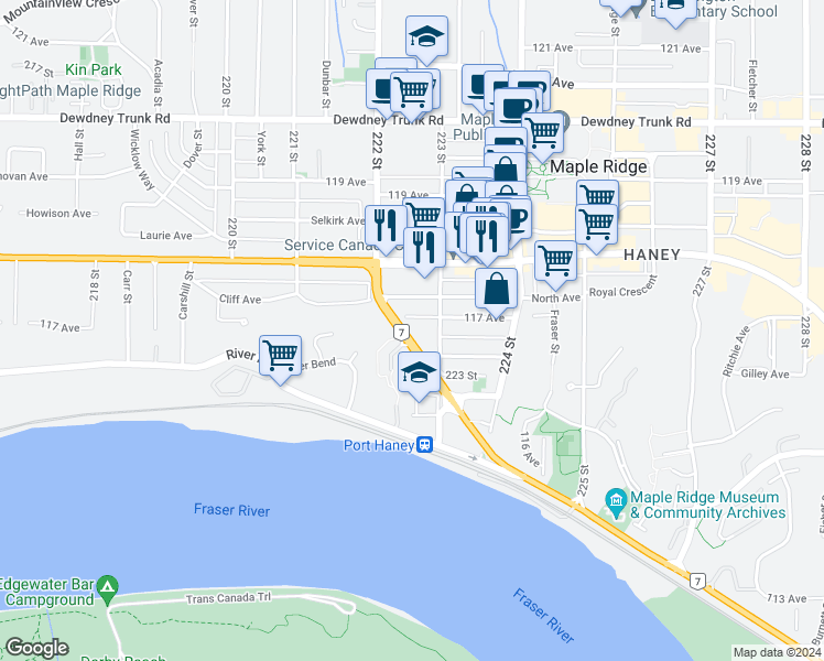 map of restaurants, bars, coffee shops, grocery stores, and more near 22254 117 Avenue in Maple Ridge