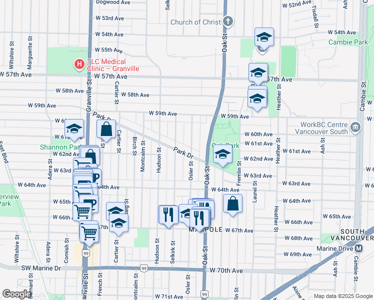 map of restaurants, bars, coffee shops, grocery stores, and more near 1125 Park Drive in Vancouver