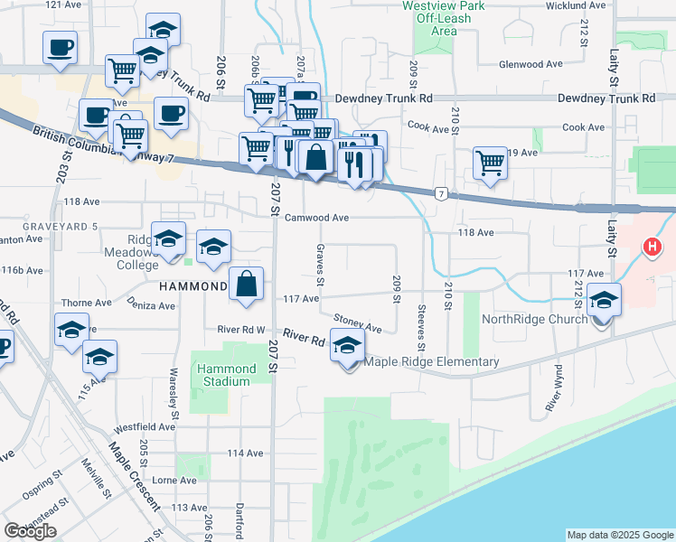 map of restaurants, bars, coffee shops, grocery stores, and more near 11727 208 Street in Maple Ridge