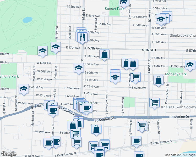 map of restaurants, bars, coffee shops, grocery stores, and more near 331 East 61st Avenue in Vancouver